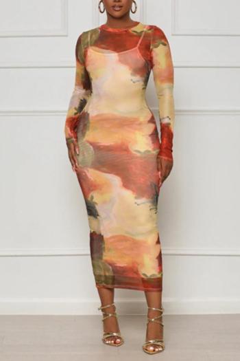 sexy plus size slight stretch tie-dye printed sling base layer midi dress sets