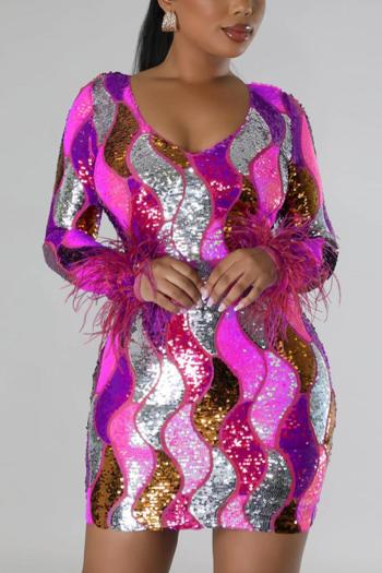 sexy plus size slight stretch contrast color sequins tight feather mini dress