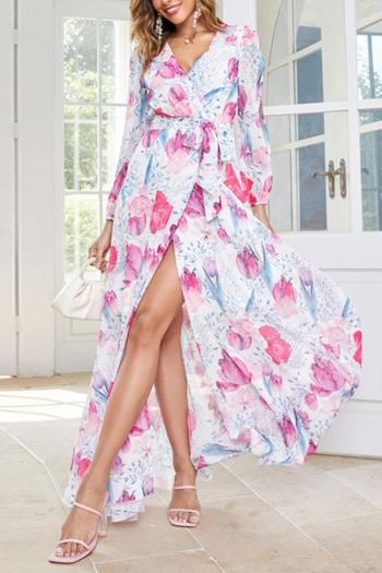 casual slight stretch printing hollow long sleeves slit with belt maxi dress