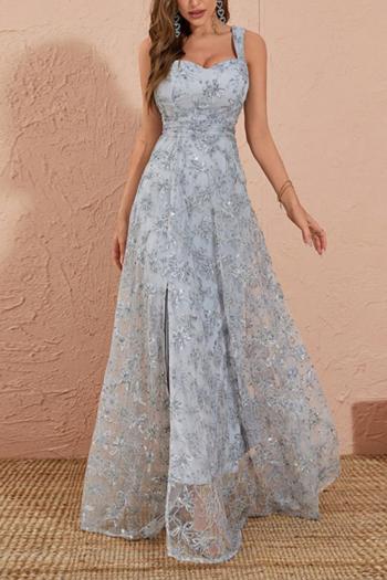 elegant slight stretch slim sequins embroidery with lined slit maxi dress