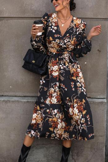 autumn v-neck non-stretch flower batch printing casual midi dress with belt