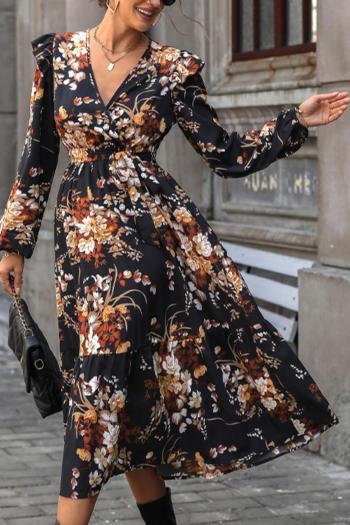 Autumn v-neck non-stretch flower batch printing casual midi dress with belt