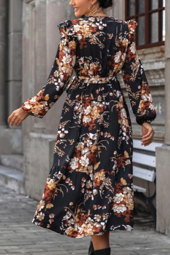Autumn v-neck non-stretch flower batch printing casual midi dress with belt
