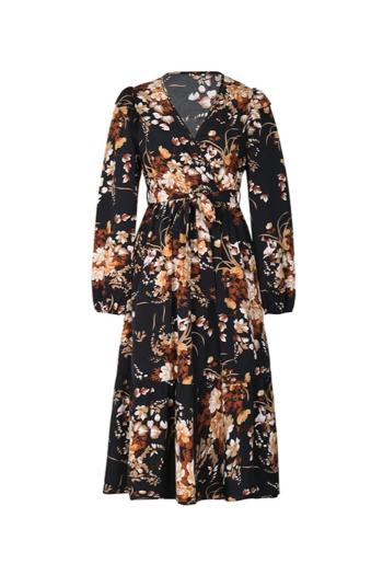 Autumn v-neck non-stretch flower batch printing casual midi dress with belt