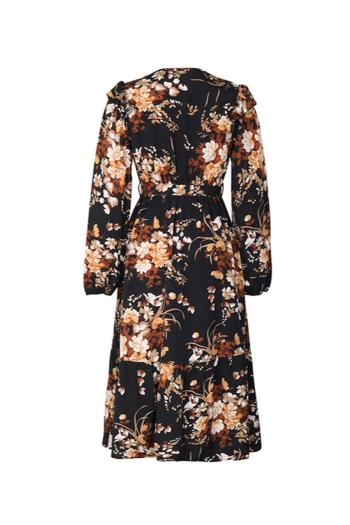 Autumn v-neck non-stretch flower batch printing casual midi dress with belt