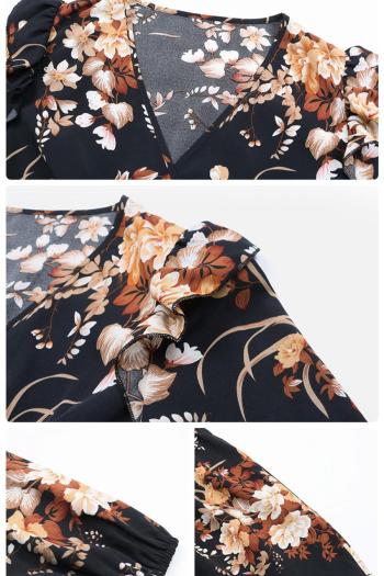 Autumn v-neck non-stretch flower batch printing casual midi dress with belt