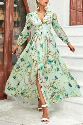 casual slight stretch floral printing v-neck slit maxi dress