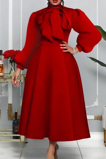 plus size slight stretch zip-up pure color puff sleeve elegant laced midi dress