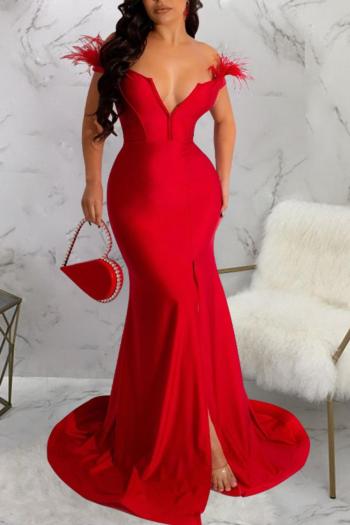 sexy plus size stretch off-shoulder zip-up feather slit mermaid maxi dress