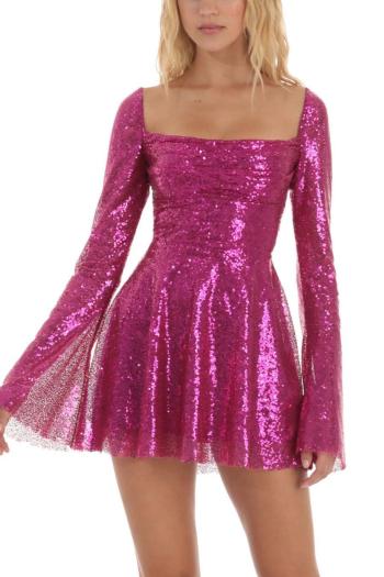 sexy slight stretch sequins square neck lace-up backless mini dress