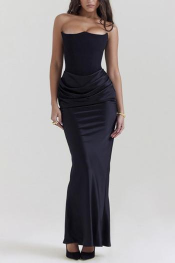 sexy slight stretch solid color strapless zip-up pleated satin maxi dress