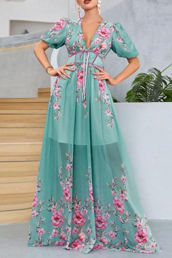 sexy non-stretch chiffon deep v floral printing maxi dress