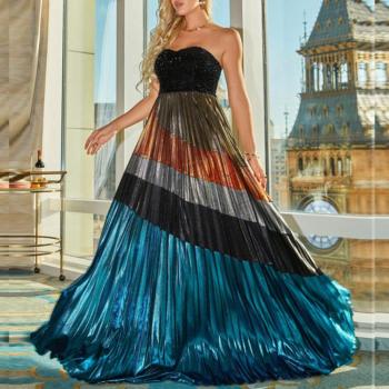 elegant non-stretch patchwork sequins pleated strapless maxi dress
