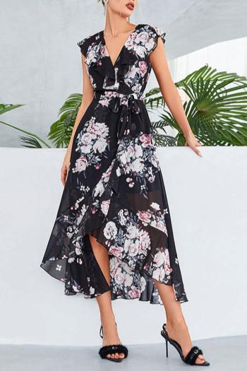 casual non-stretch chiffon see-through floral batch printing belt midi dress