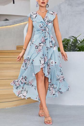 casual non-stretch chiffon floral print irregular belt maxi dress