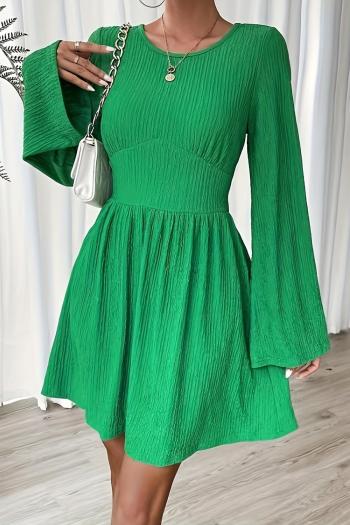 casual slight stretch solid color crew neck trumpet sleeves mini dress