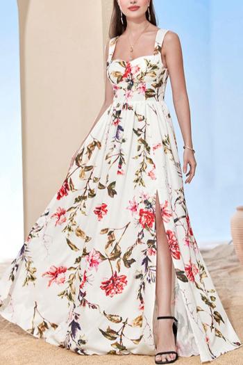 elegant non-stretch floral batch printing backless zip-up slit maxi dress