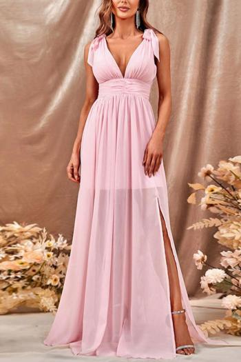sexy non-stretch chiffon solid color deep v backless slit zip-up maxi dress