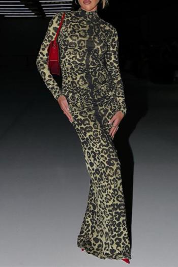 casual slight stretch leopard printing crew neck maxi dress