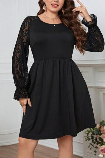 casual plus size non-stretch lace patchwork long-sleeved midi dress