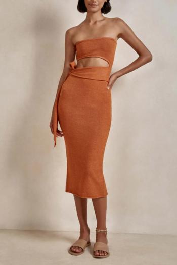 sexy slight stretch solid color strapless hollow slit knitted midi dress