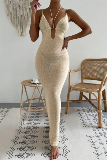 sexy slight stretch solid color sling deep v backless see-through maxi dress