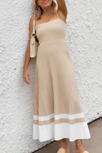 sexy slight stretch contrast color pleated sling maxi dress