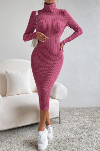 sexy slight stretch ribbed knit solid color high collar slim midi dress