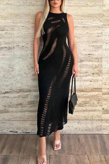 sexy slight stretch ribbed knit solid color crew neck sleeveless hole maxi dress