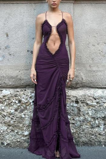 sexy slight stretch solid color see-through mesh sling slit maxi dress