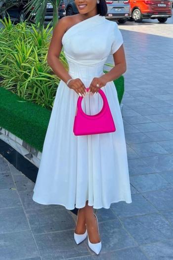 casual plus size non-stretch pleated one-shoulder midi dress(with girdle)