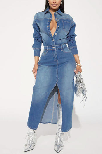 casual plus size slight stretch denim single-breasted long sleeve maxi dress