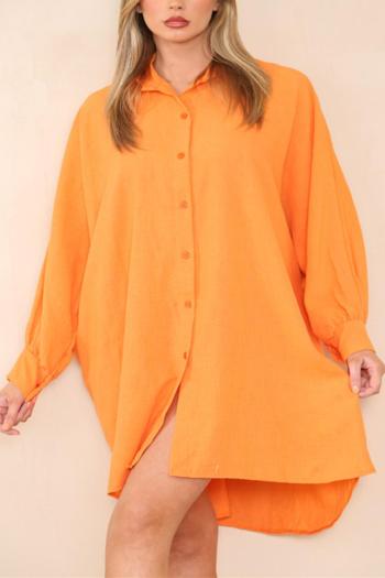 casual non-stretch solid color loose linen orange shirt midi dress
