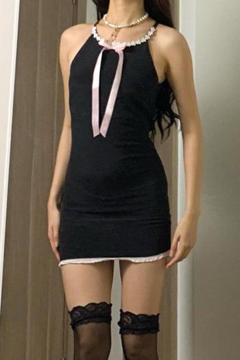 sexy slight stretch lace trim bow decor halter-neck mini dress