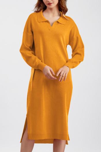 casual slight stretch solid color slit loose knitted orange midi dress