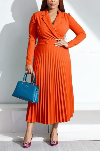 casual non-stretch solid color pleated orange midi dress