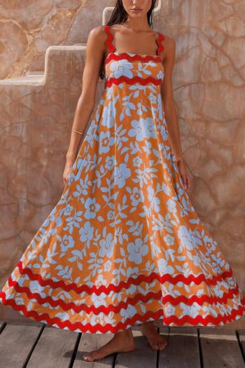 bohemian style non-stretch sling flowers striped printing maxi dress