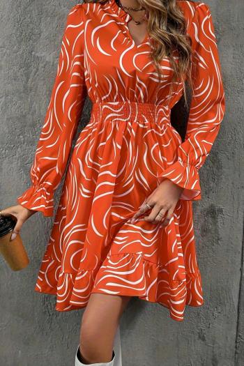 casual slight stretch orange batch printing v-neck mini dress
