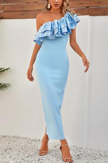 elegant slight stretch one shoulder ruffle slit high quality maxi dress