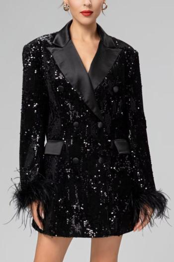 elegant non-stretch sequins feather double-breasted shoulder pads mini dress
