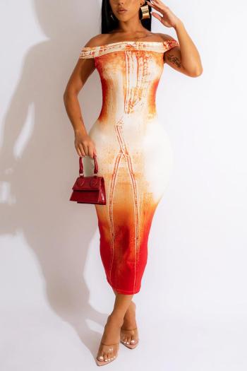 sexy plus size slight stretch orange printing off-shoulder slim midi dress