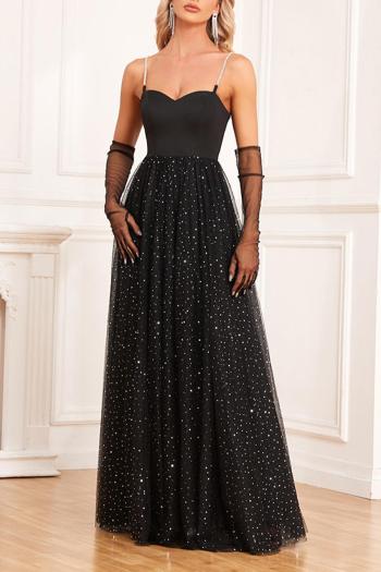 elegant non-stretch rhinestone strap mesh sequins maxi dress(without gloves)