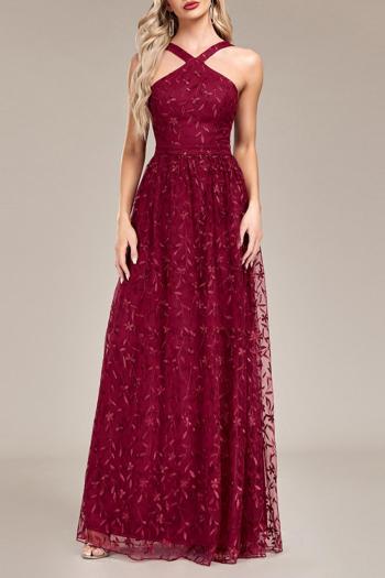 elegant non-stretch mesh embroidery sling zip-up maxi evening dress