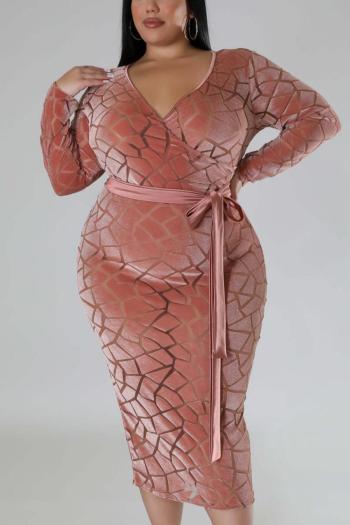 sexy plus size slight stretch stone pattern v-neck with belt midi dress