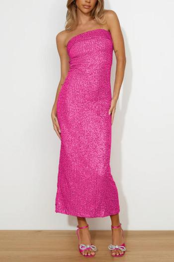 sexy non-stretch solid color strapless sequins hollow backless midi dress