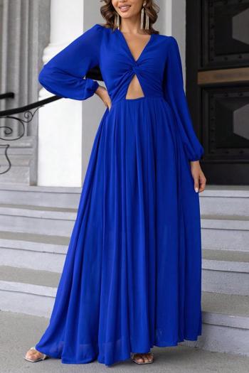 elegant non-stretch solid color kink hollow lantern sleeve maxi dress