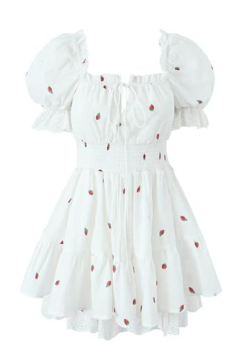 Non-stretch strawberry batch printing off shoulder mini dress size run small