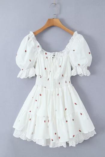 Non-stretch strawberry batch printing off shoulder mini dress size run small