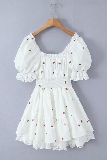 Non-stretch strawberry batch printing off shoulder mini dress size run small