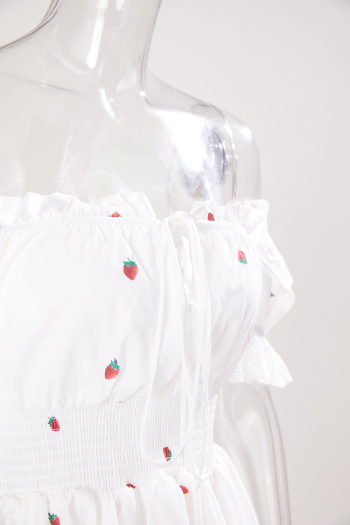 Non-stretch strawberry batch printing off shoulder mini dress size run small